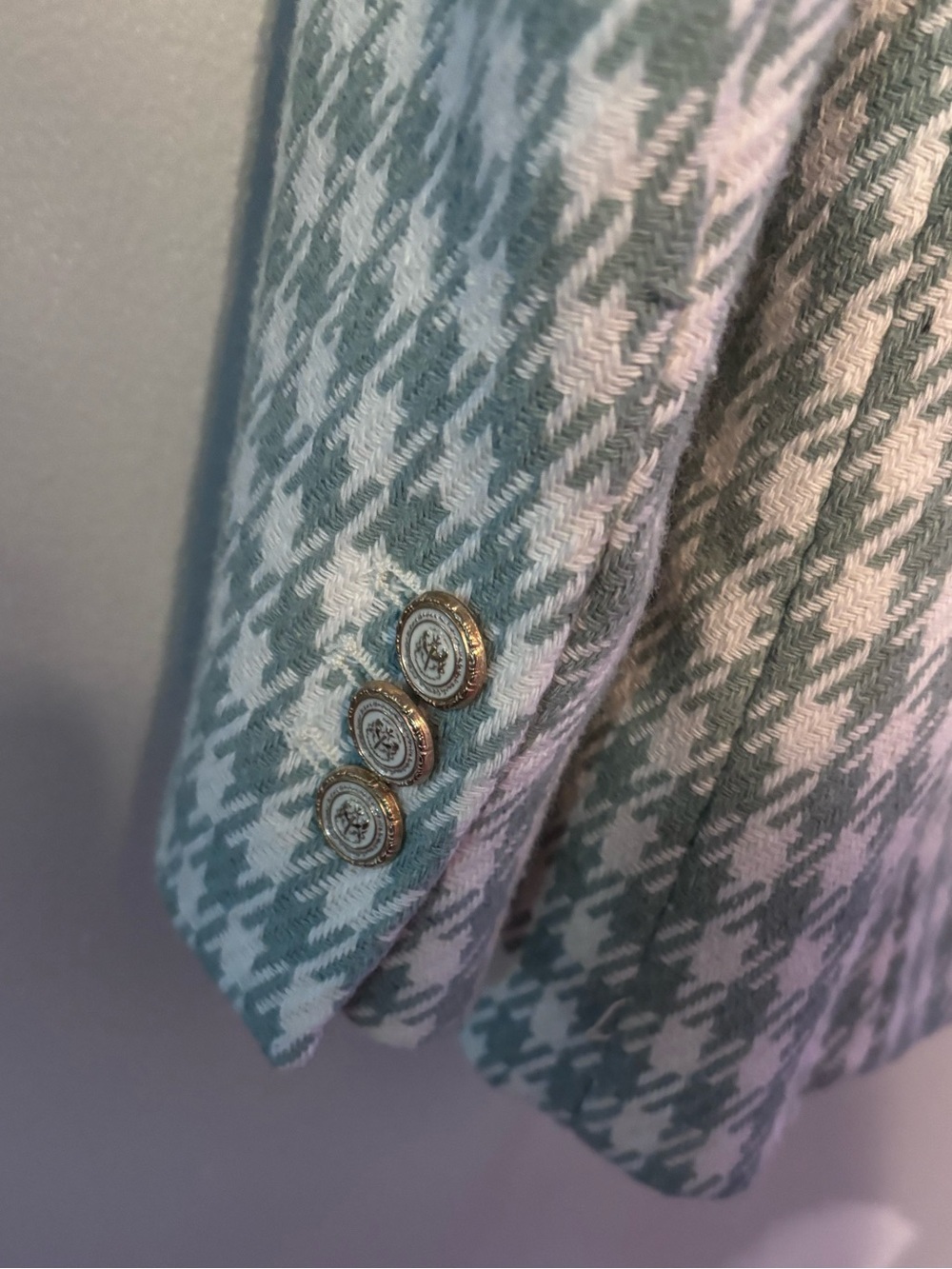 Zara Houndstooth Plaid Double Breasted Blazer Sea Green Tailored Blazer Medium - Picture 10 of 11